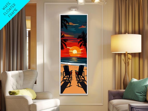 Palm Trees Sunset Midcentury Modern Wall Art Framed Print Boho Art Skinny Art Living Room Art Bedroom Decor Beach Landscape