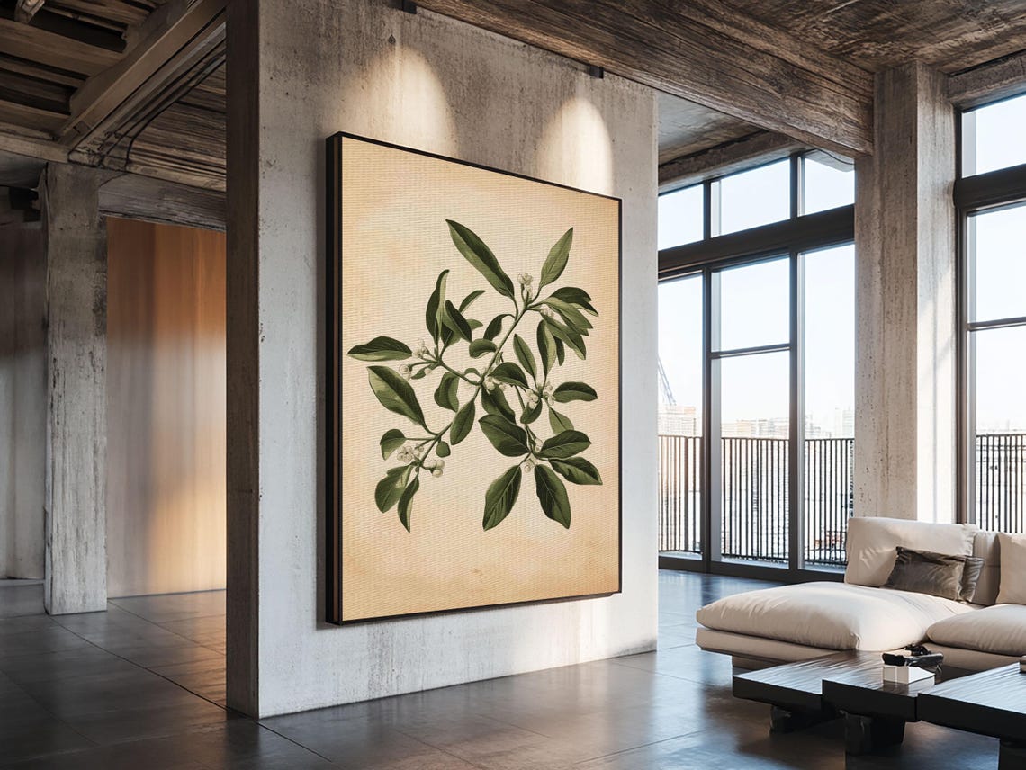 Vintage Botanical Green Leaves White Blossoms On Beige Paper Poster