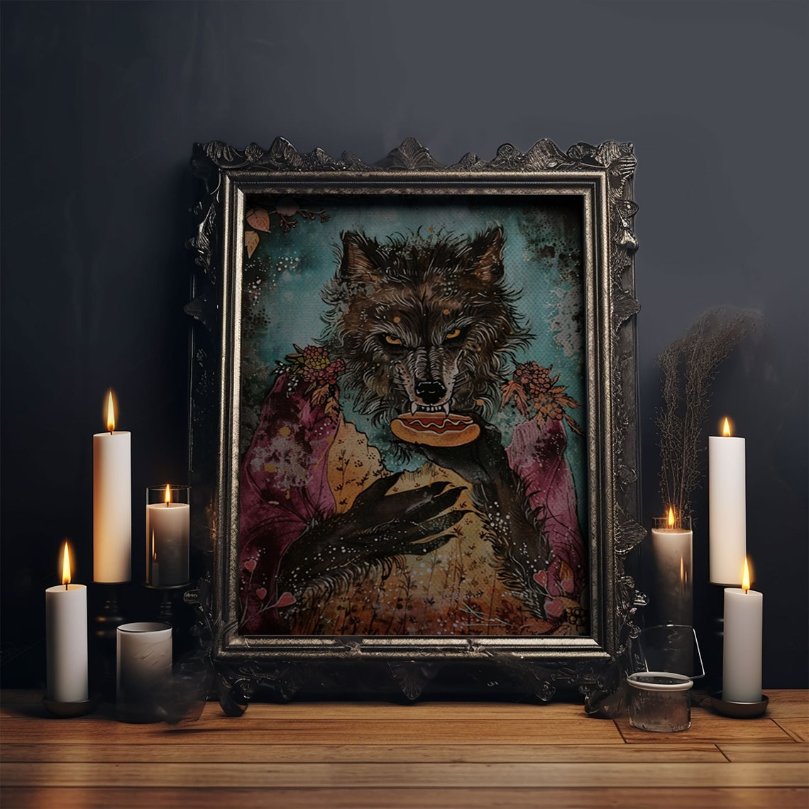 Werewolf Holding Hotdog Floral Dress Funny Halloween Art Poster - Image 5