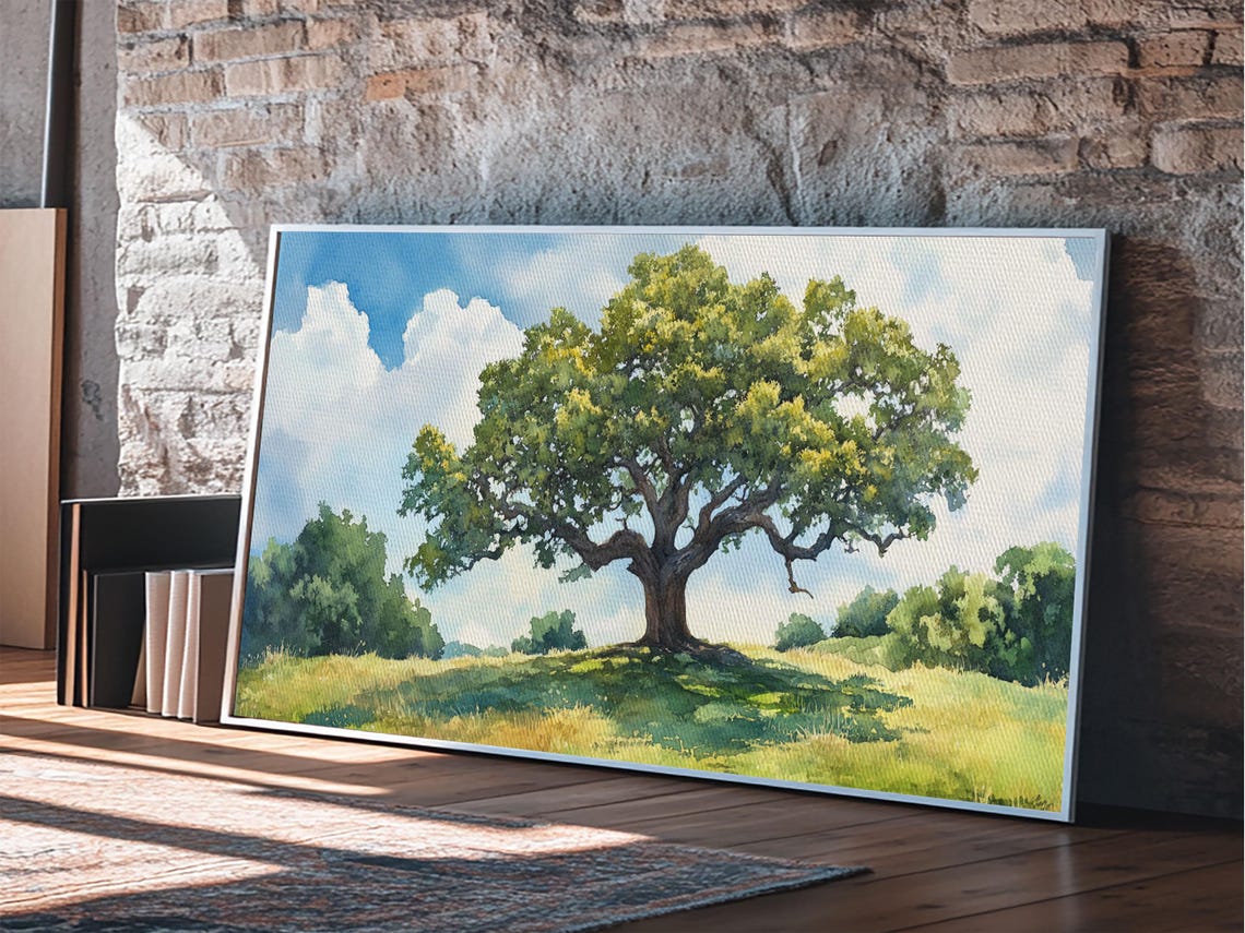 Majestic Oak Tree Sunny Meadow Blue Sky Watercolor Landscape Poster - Image 4