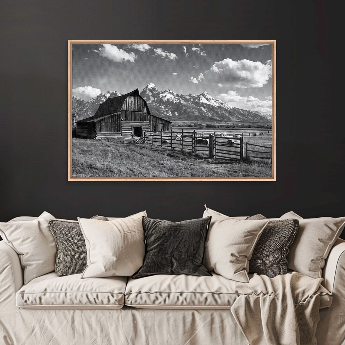 Old Barn Snowy Mountain Peaks Black White Farm Landscape Poster