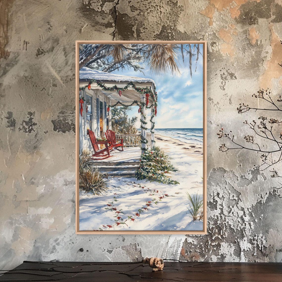 Snowy Beach Cottage Christmas Porch Garland Ocean View Poster - Image 4