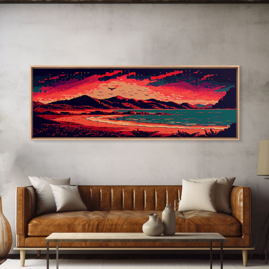 Pixel Art Panoramic Sunset Red Mountains Teal Ocean Retro Game Poster