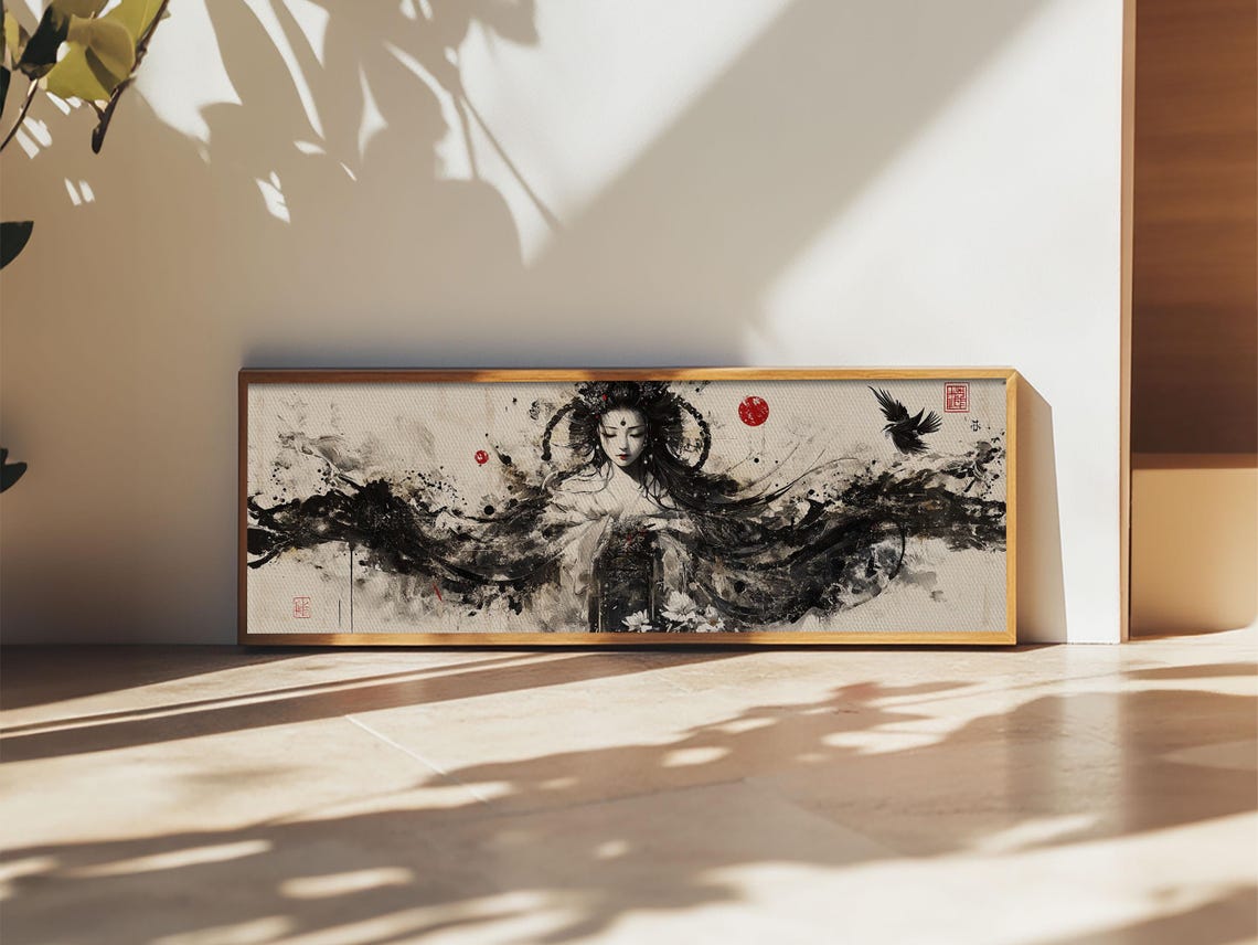 Ethereal Ink Wash Goddess Panoramic Japanese Style Dark Zen Art Poster - Image 2