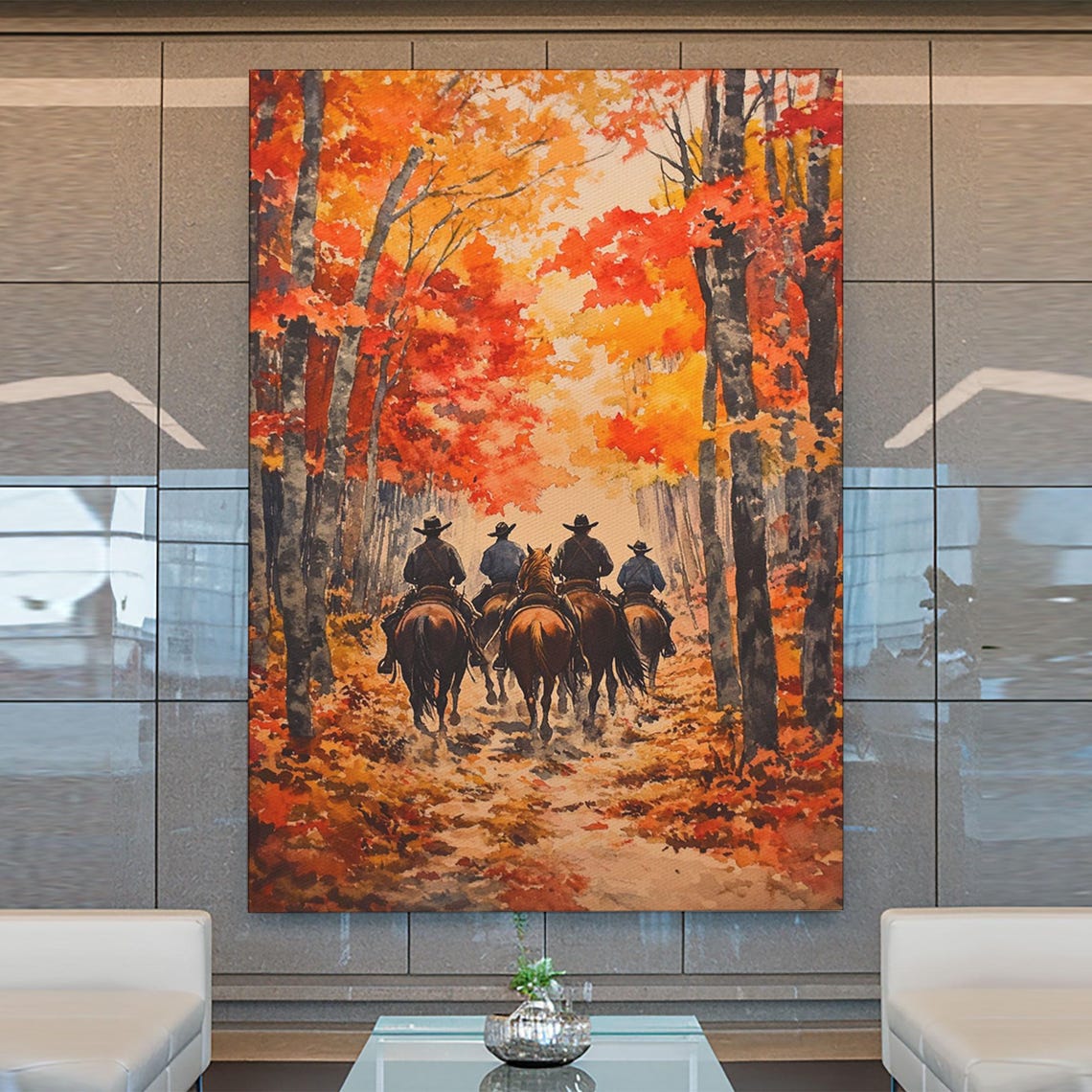 Cowboys Riding Through Fiery Autumn Forest Trail Scene Poster - Image 2
