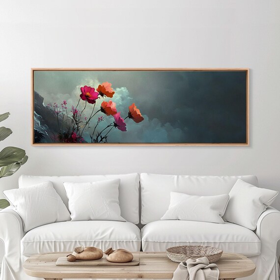 Beautiful Wild Flowers In The Clouds Mountain Painting Print Moody Decor Muted And Subdued Wall Art Centerpiece Art