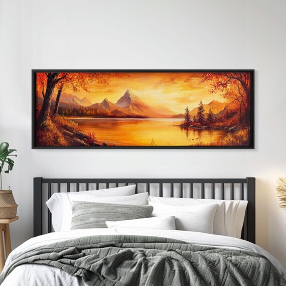 Golden Hour Over The Mountains Sunset Landscape Painting Print Wood Framed Artwork Ultra Wide Panoramic Print