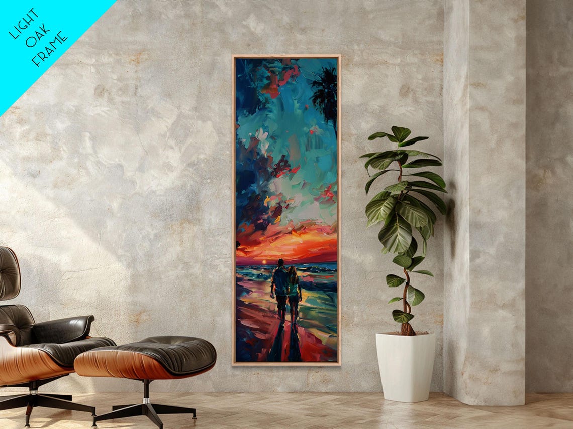 Couple Walking On Beach At Vibrant Sunset Romantic Seaside Art Poster - Image 3