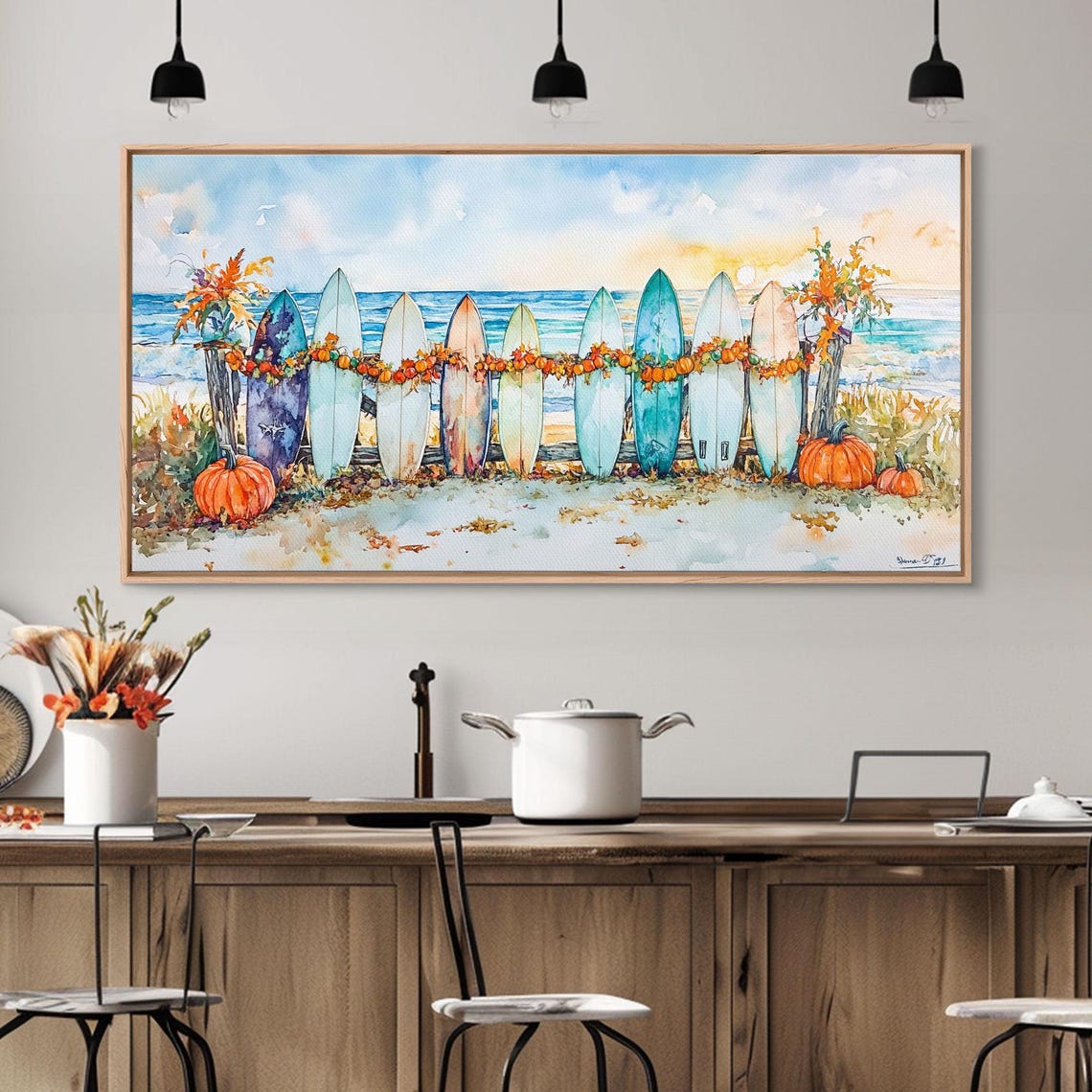 Colorful Surfboards With Pumpkin Garland Beach Fall Art Print - Image 2