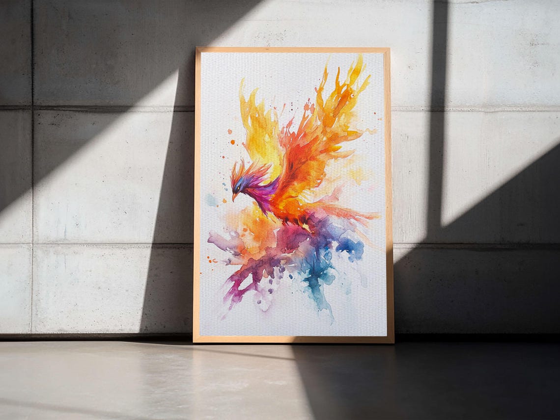 Fire Phoenix Rising Watercolor Fantasy Bird Rebirth Art Print - Image 2
