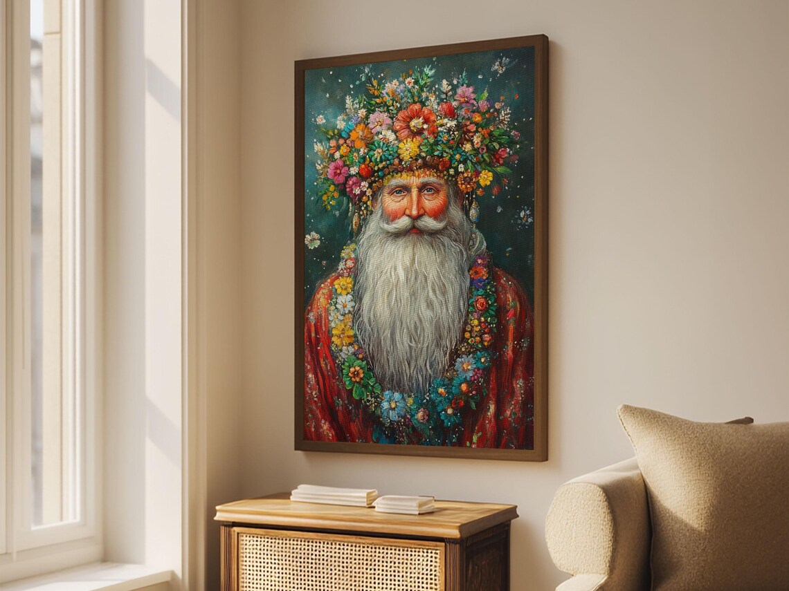 Floral Crown Santa Claus Portrait Vintage Christmas Holiday Art Poster - Image 2