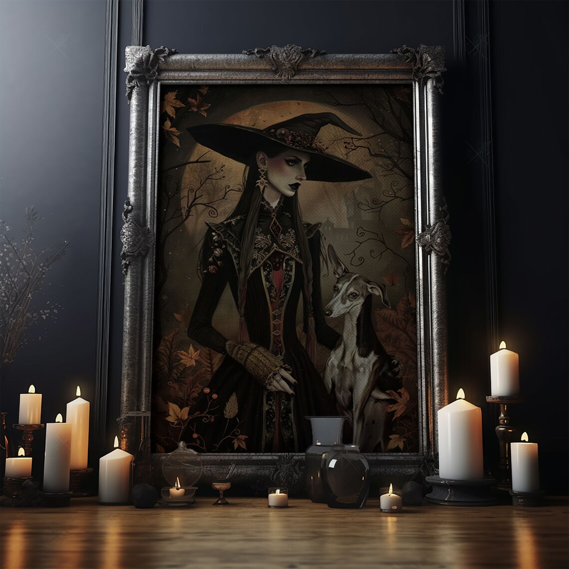 Gothic Witch With Elegant Dog, Halloween Art Print - Image 5