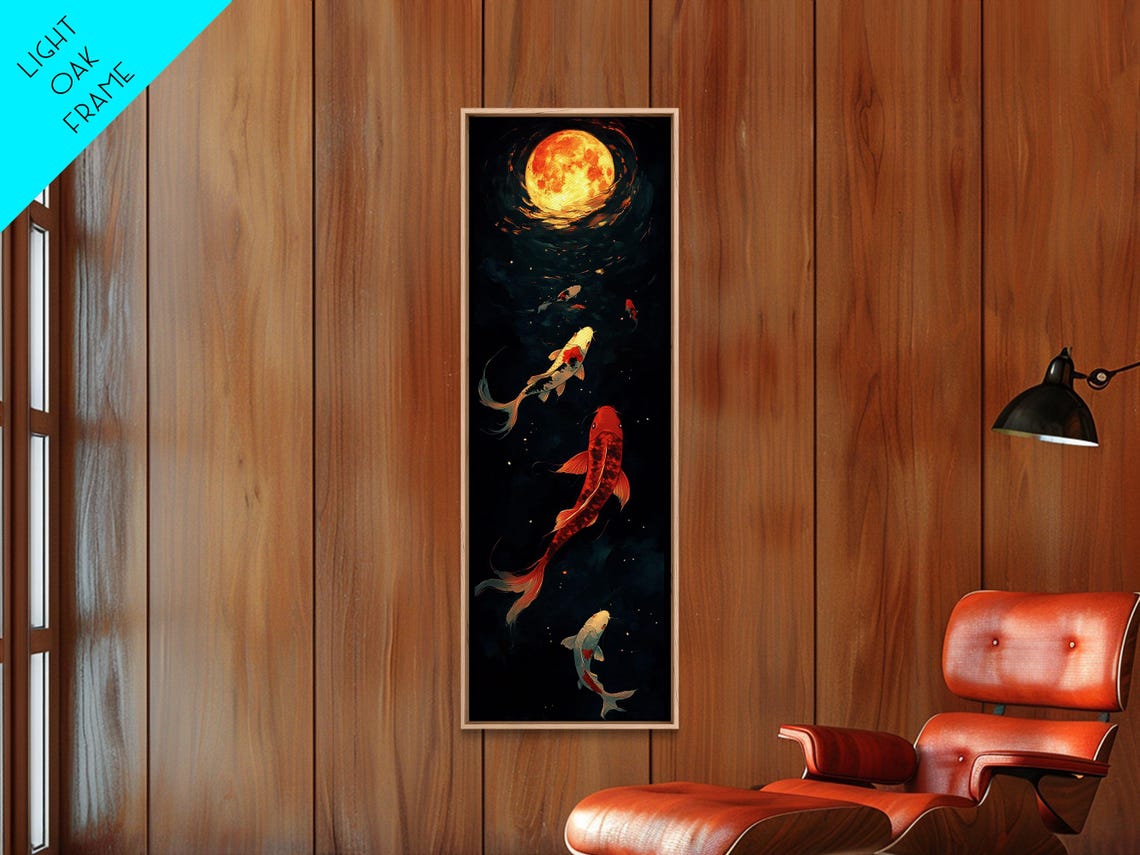Koi Fish Swimming Under Full Moon Night Pond Japanese Wall Art - Image 2