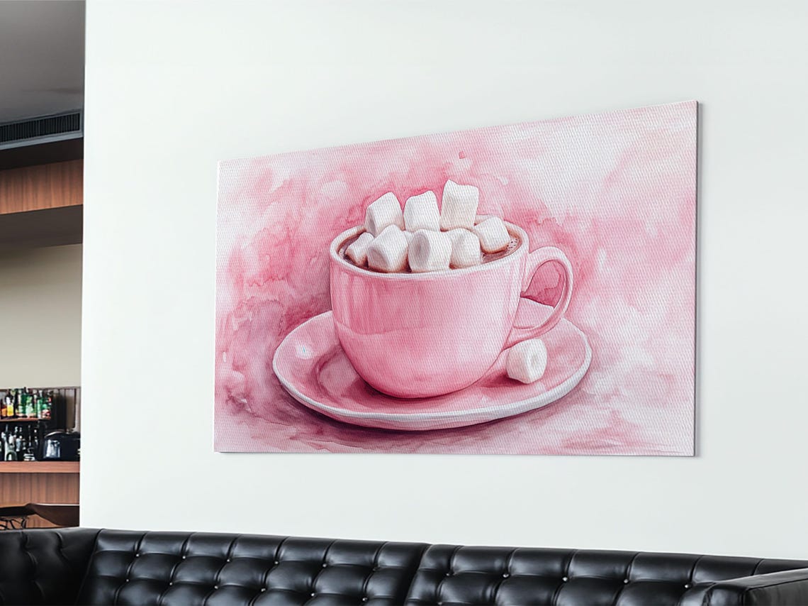 Pink Hot Chocolate Cup With Marshmallows Cozy Watercolor Art Print