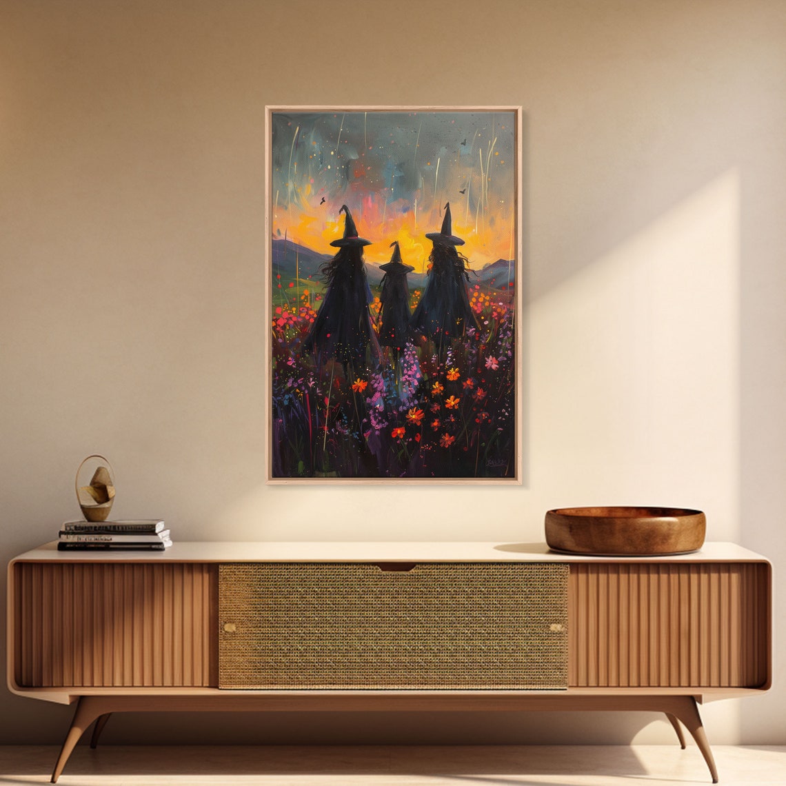 Three Witches Sunset Silhouettes Wildflower Field Painterly Poster - Image 6