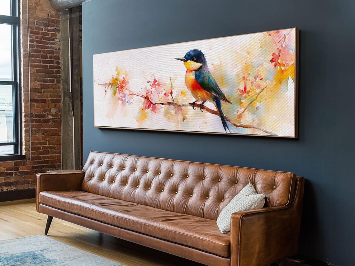Kingfisher Cherry Blossom Branch Watercolor Bird Art Panoramic Poster - Image 4