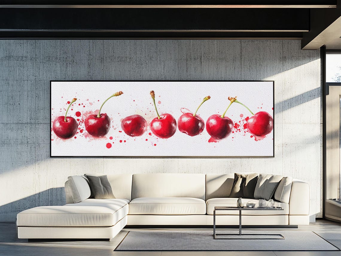 Row Of Red Cherries Watercolor Splash Panoramic Kitchen Art Poster