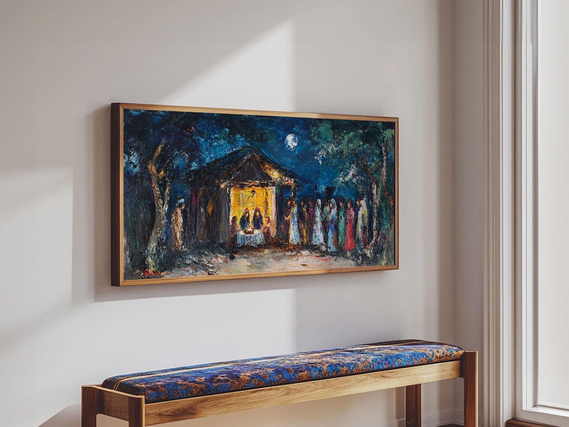 Moonlit Nativity Stable Golden Glow Abstract Christmas Art Poster - Image 2
