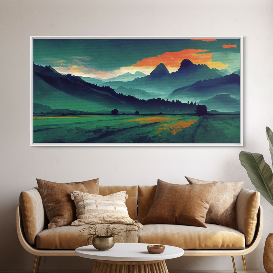 Emerald Valley Mountains Under Fiery Orange Sunset Sky Painterly Print - Image 5
