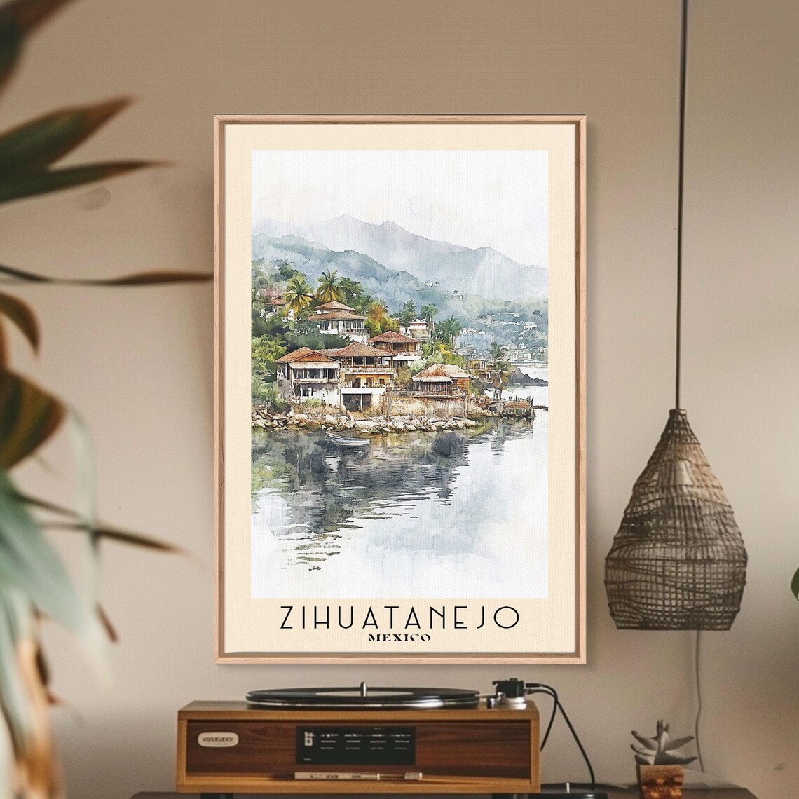 Zihuatanejo Mexico Waterfront Villas Calm Bay Hills Watercolor Poster - Image 3