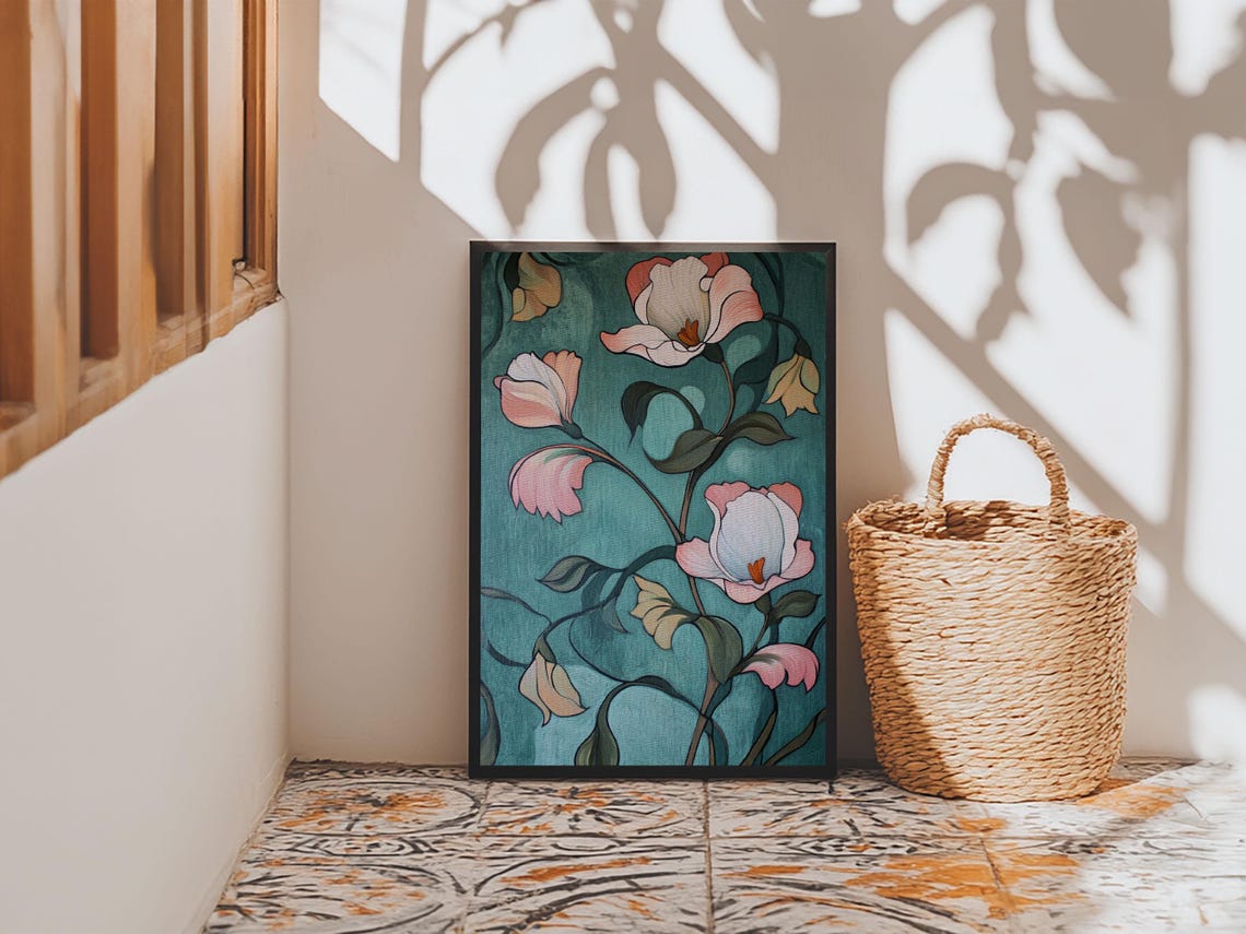 Pink Roses Teal Background Botanical Floral Elegant Wall Art Poster