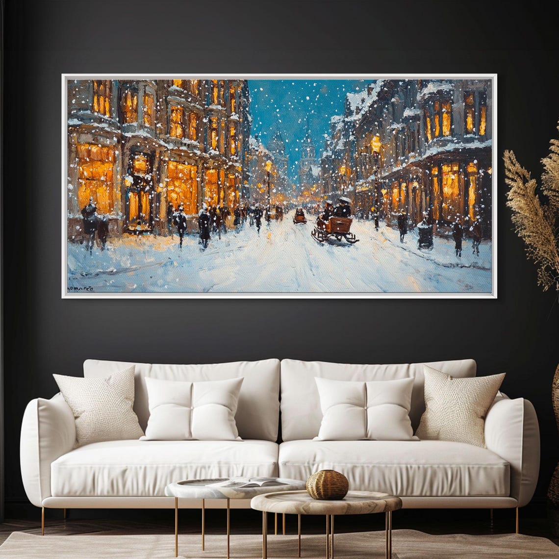 Large Framed Print Winter Wonderland Snowy City Street Art With Horse Carriage Perfect Christmas Home Decor Holiday Wall Art - Image 4