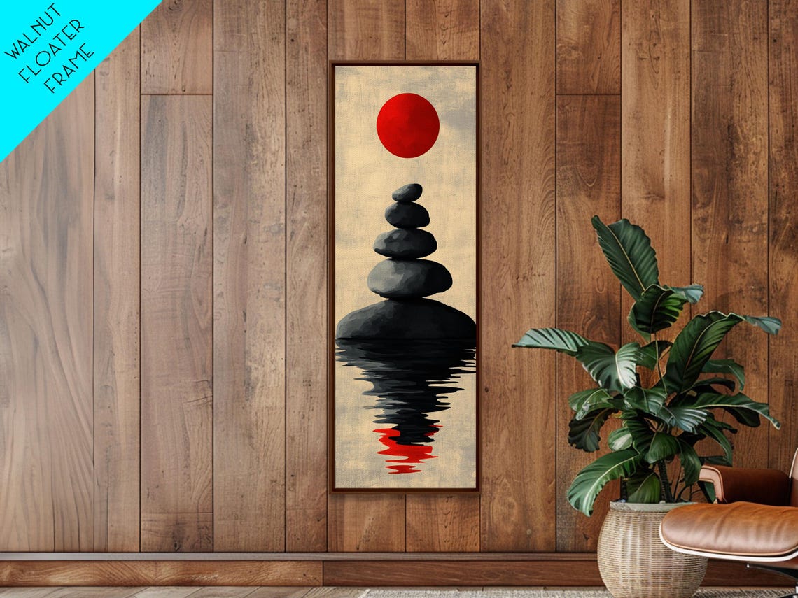 Zen Balanced Stone Cairn Red Sun Japanese Minimalist Wall Art Poster - Image 3