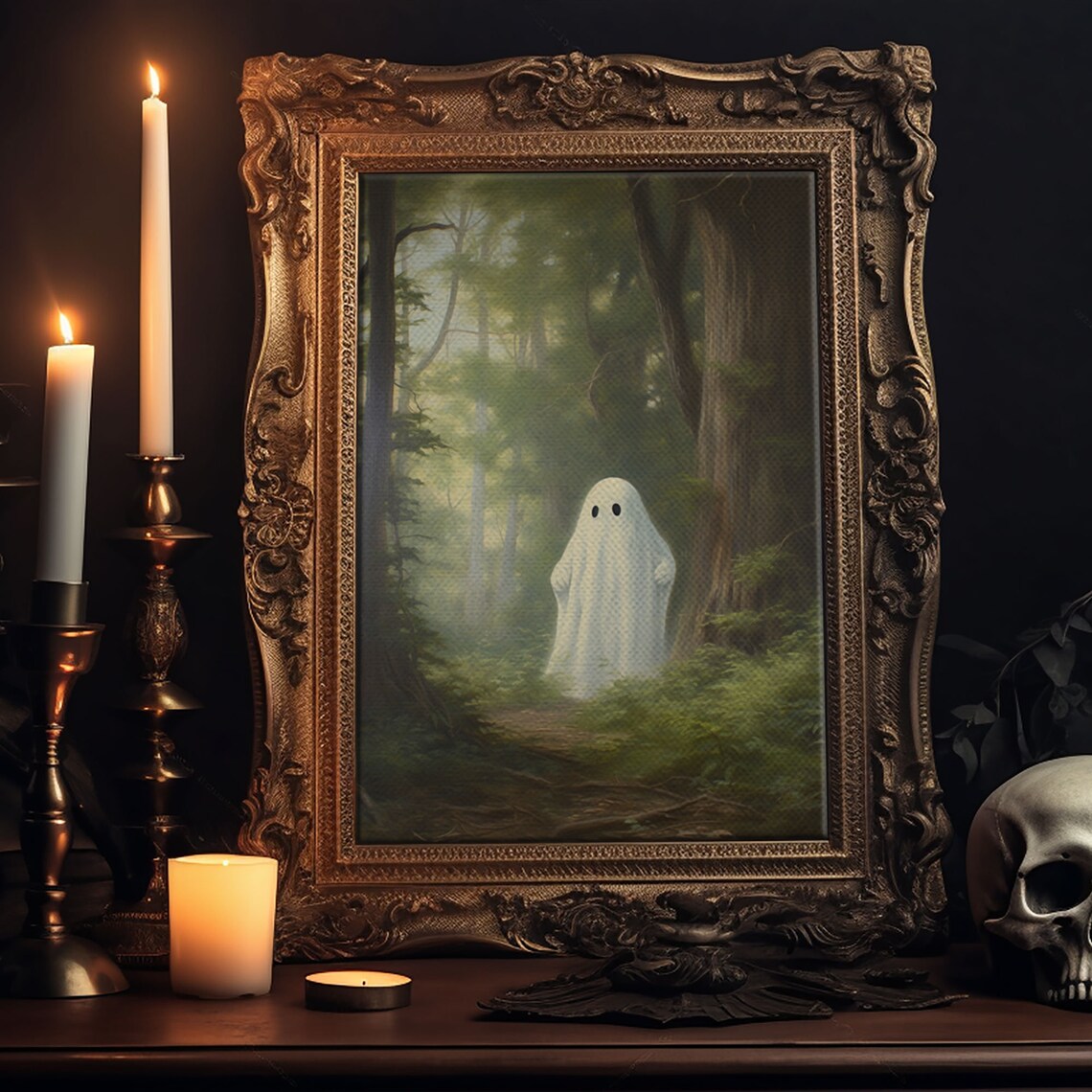 Cute Little Ghost In Misty Green Forest Vintage Spooky Art Poster - Image 5