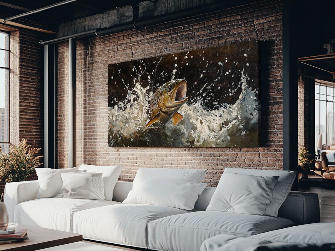 Rustic Trout River Scene Art Print, Cottagecore
