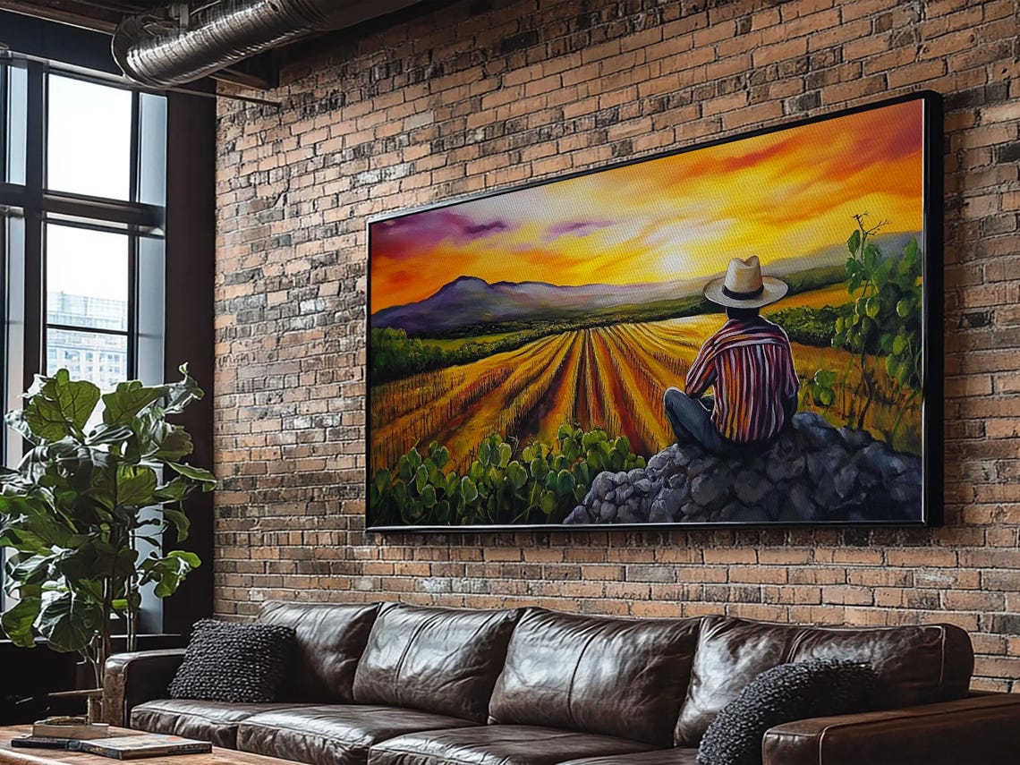 Mexican Rancher at Sunset Oil Painting Cowboy Hat Over Farm Fields Art