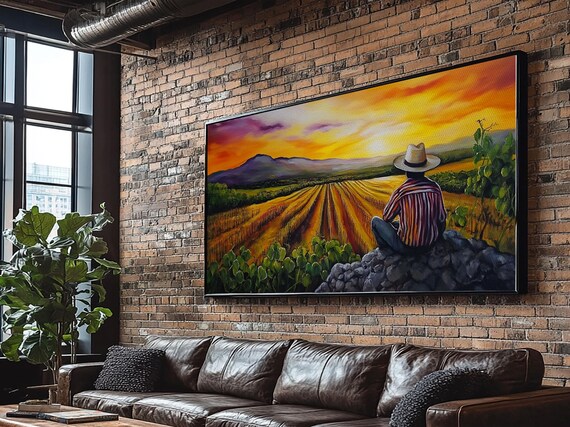 Mexican Rancher at Sunset Oil Painting Cowboy Hat Over Farm Fields Art