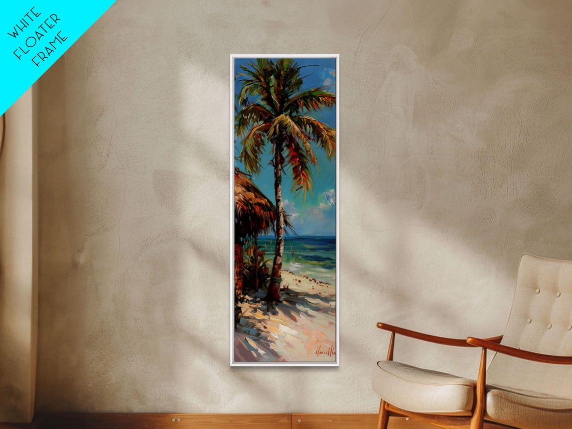 Tall Palm Tree With Thatched Hut On Tropical Beach Sunny Coast Poster - Image 4