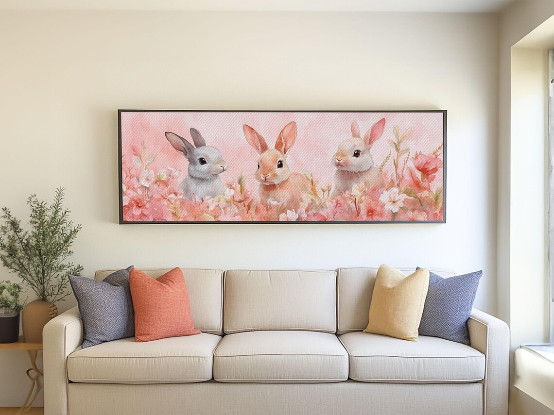 Bunny Trio Pink Floral Field Watercolor Spring Nursery Wall Art Poster - Image 2