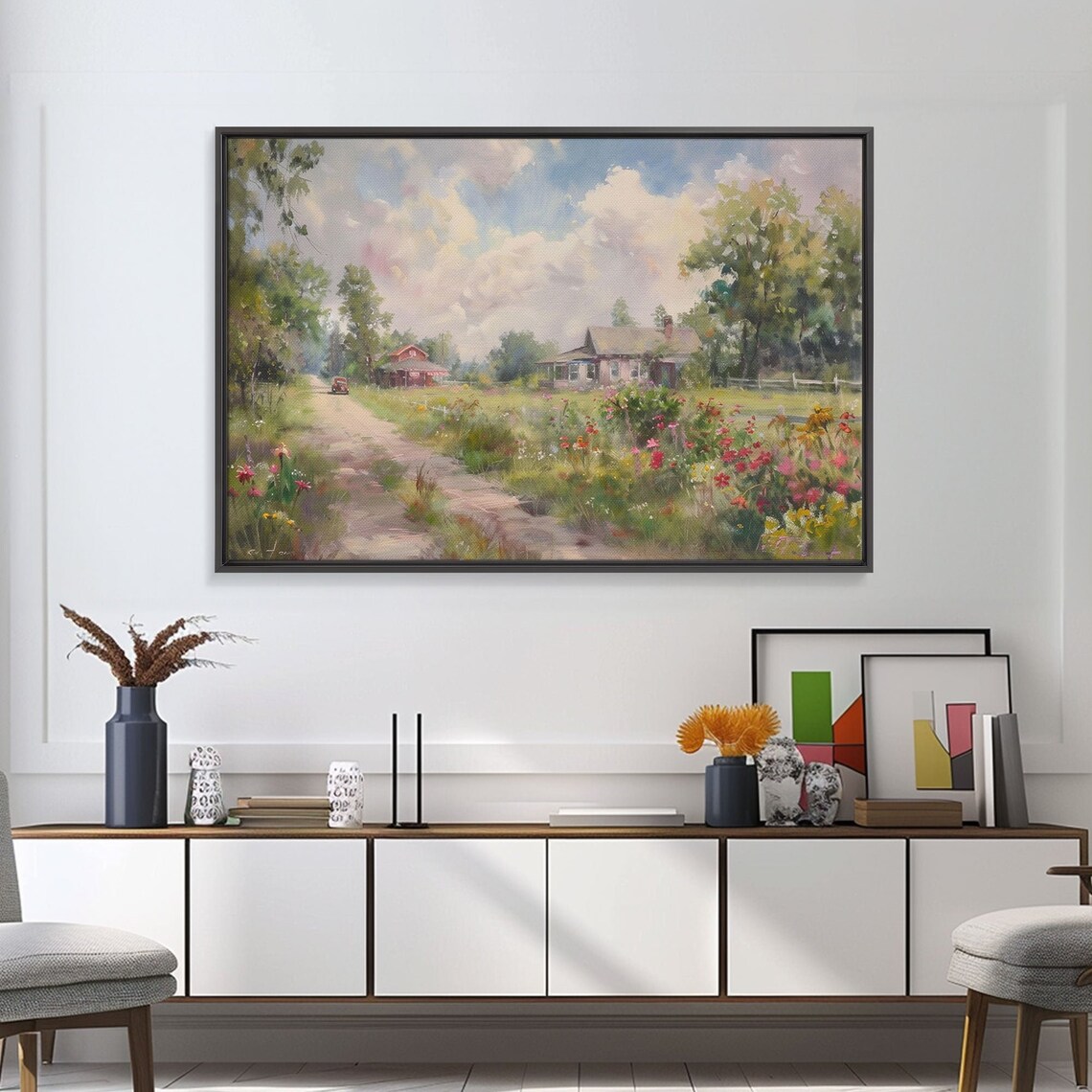 Summer Country Road Wildflowers Farmhouse Watercolor Landscape Poster - Image 2
