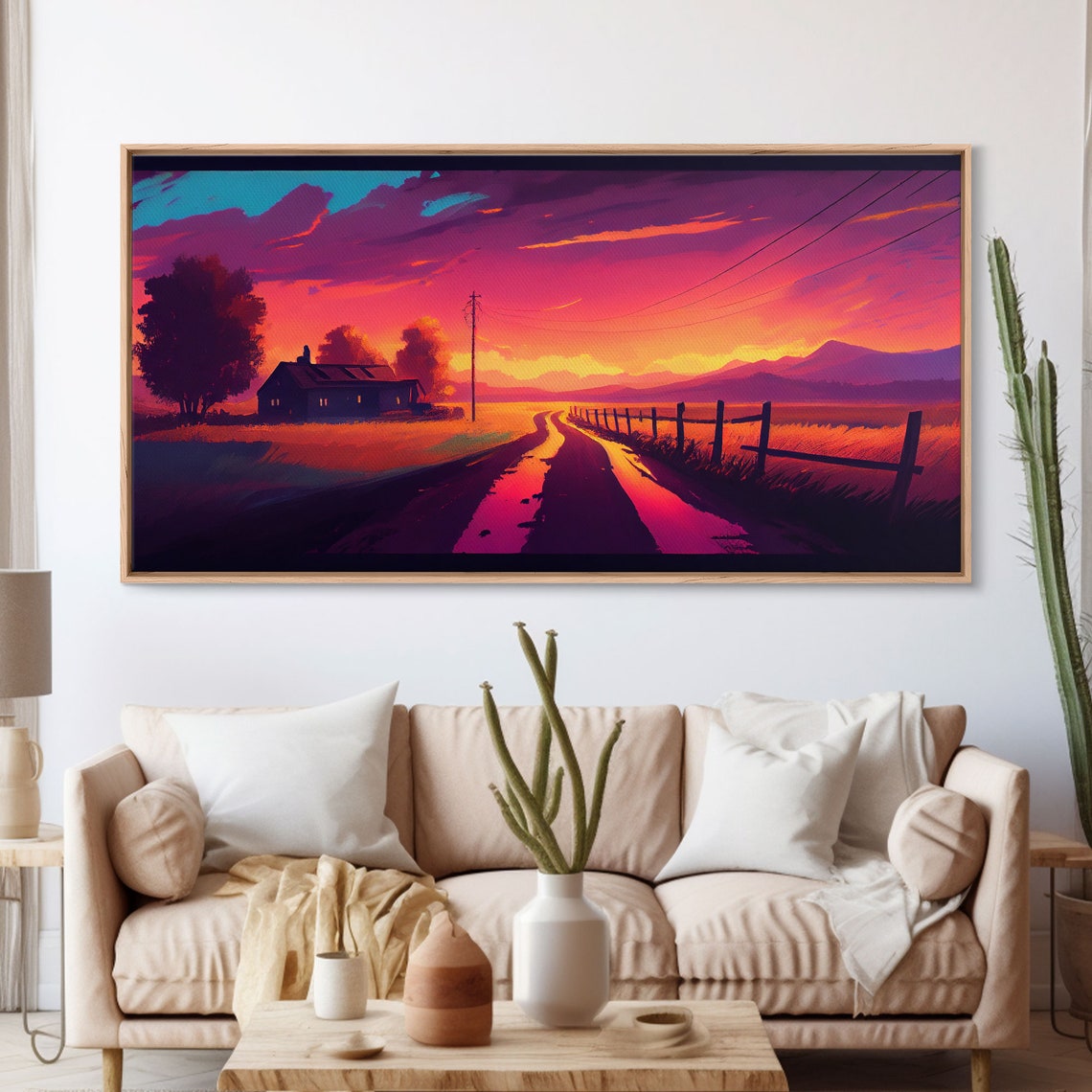 Neon Sunset Country Road Farmhouse Retro Synthwave Landscape Poster - Image 3