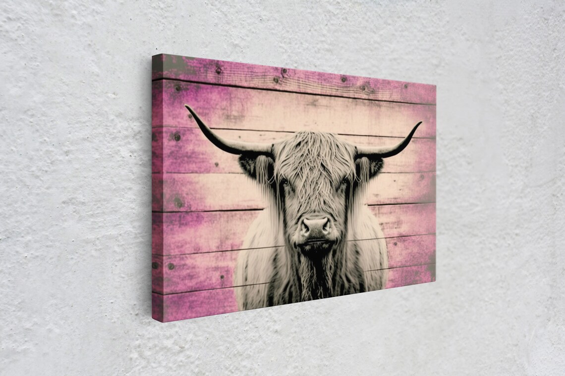 Highland Cow Pink Distressed Wood Portrait Rustic Farmhouse Art Poster - Image 4