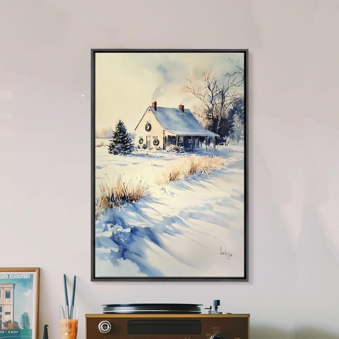 Snowy Farmhouse With Wreaths In Winter Morning Light Landscape Poster - Image 4