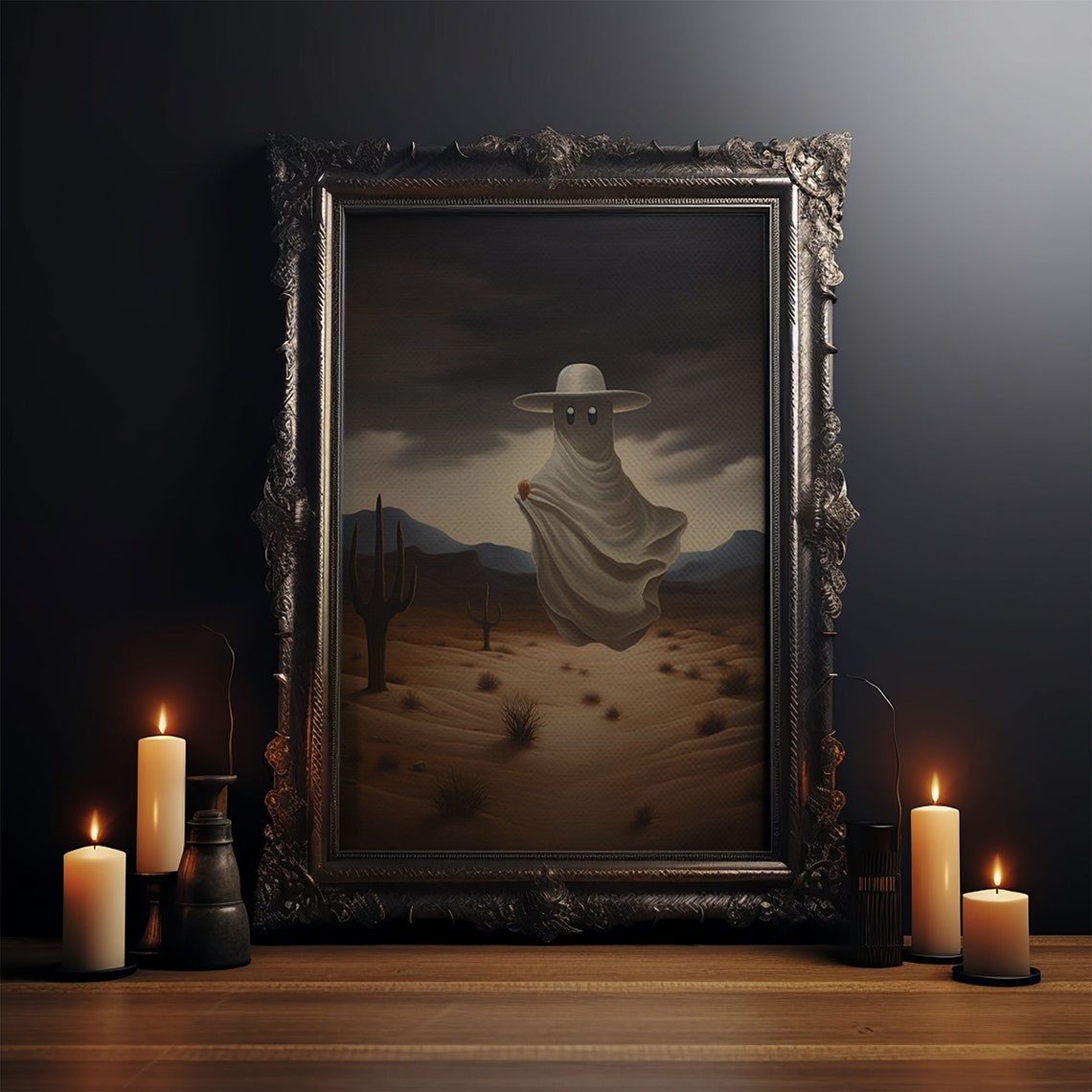Cowboy Ghost In Desert With Cactus Under Stormy Sky Western Print - Image 3