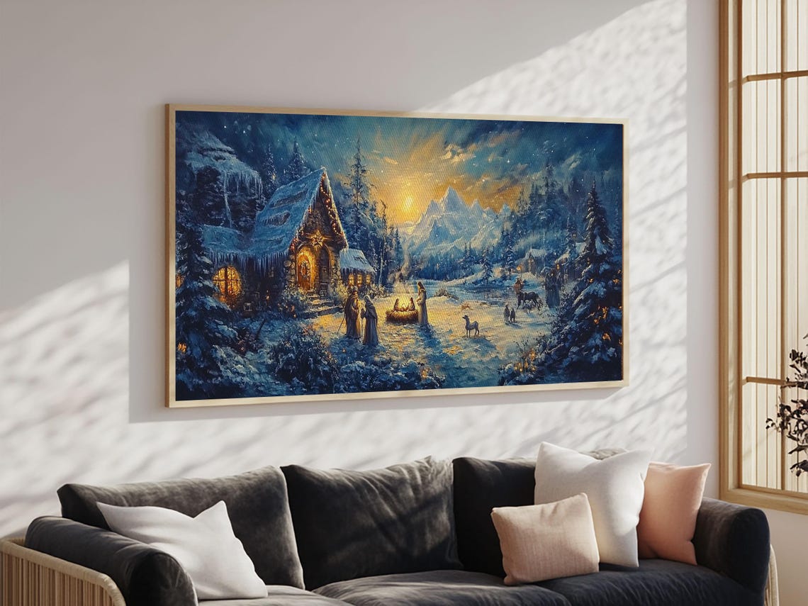 Christmas Nativity Scene Snowy Night Chapel Mountains Starry Art Print - Image 4