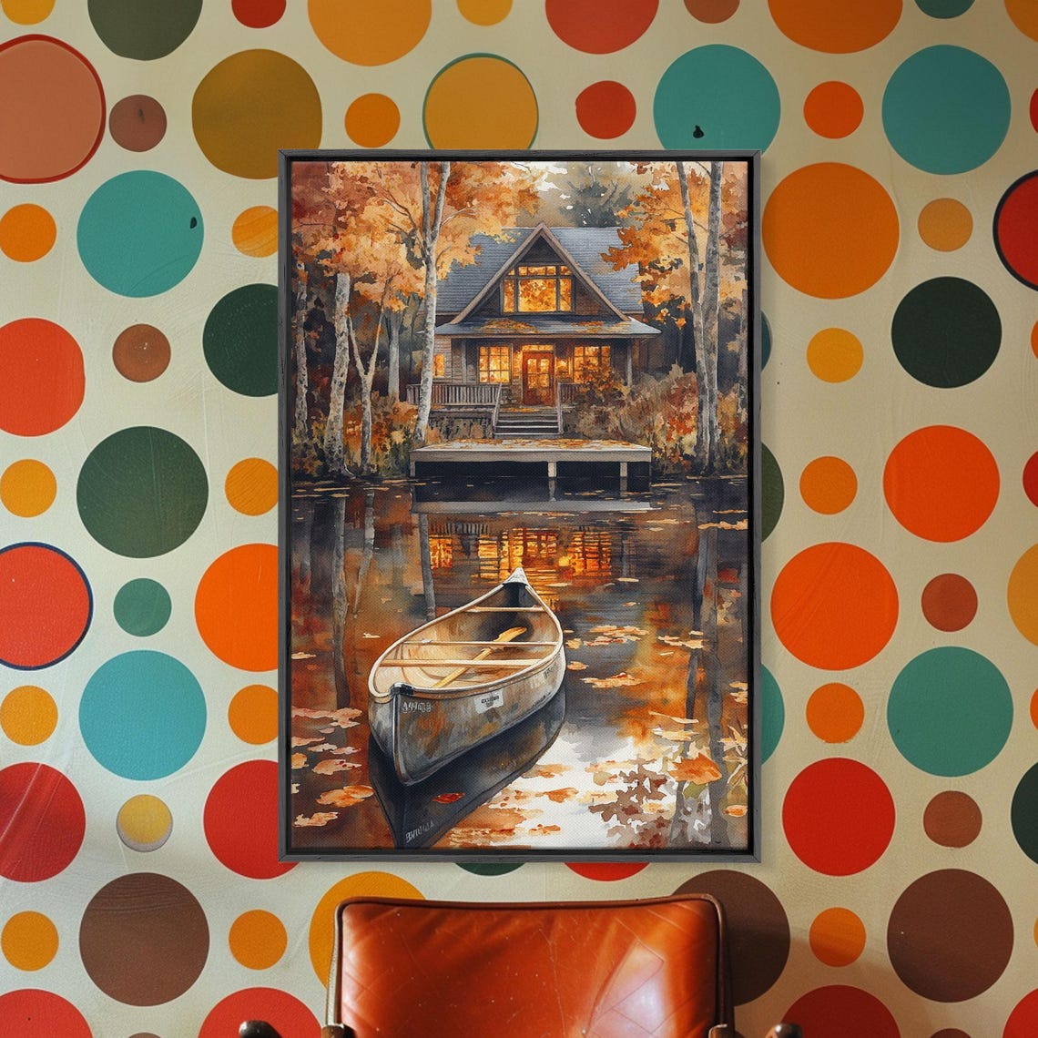 Autumn Lake House With Canoe On Water Golden Fall Reflections Poster - Image 4
