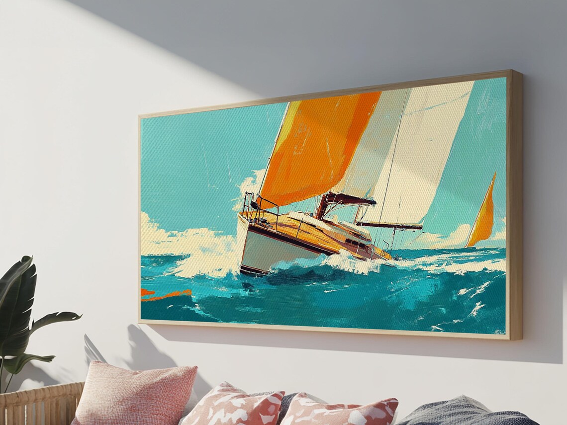 Retro Sailboat Racing Poster Orange Sail on Turquoise Waves Beach Print - Image 4