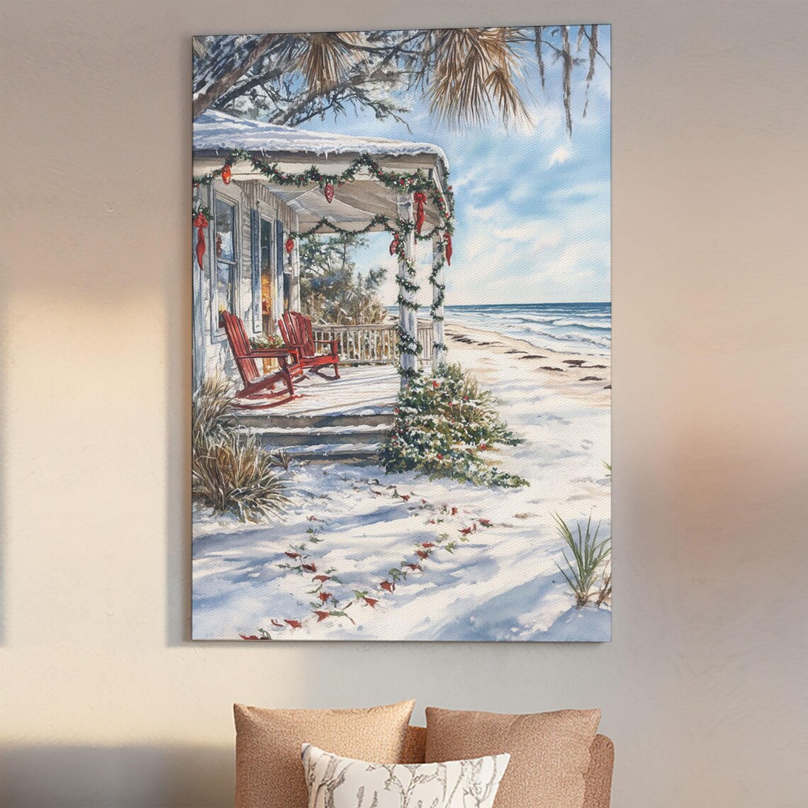 Snowy Beach Cottage Christmas Porch Garland Ocean View Poster