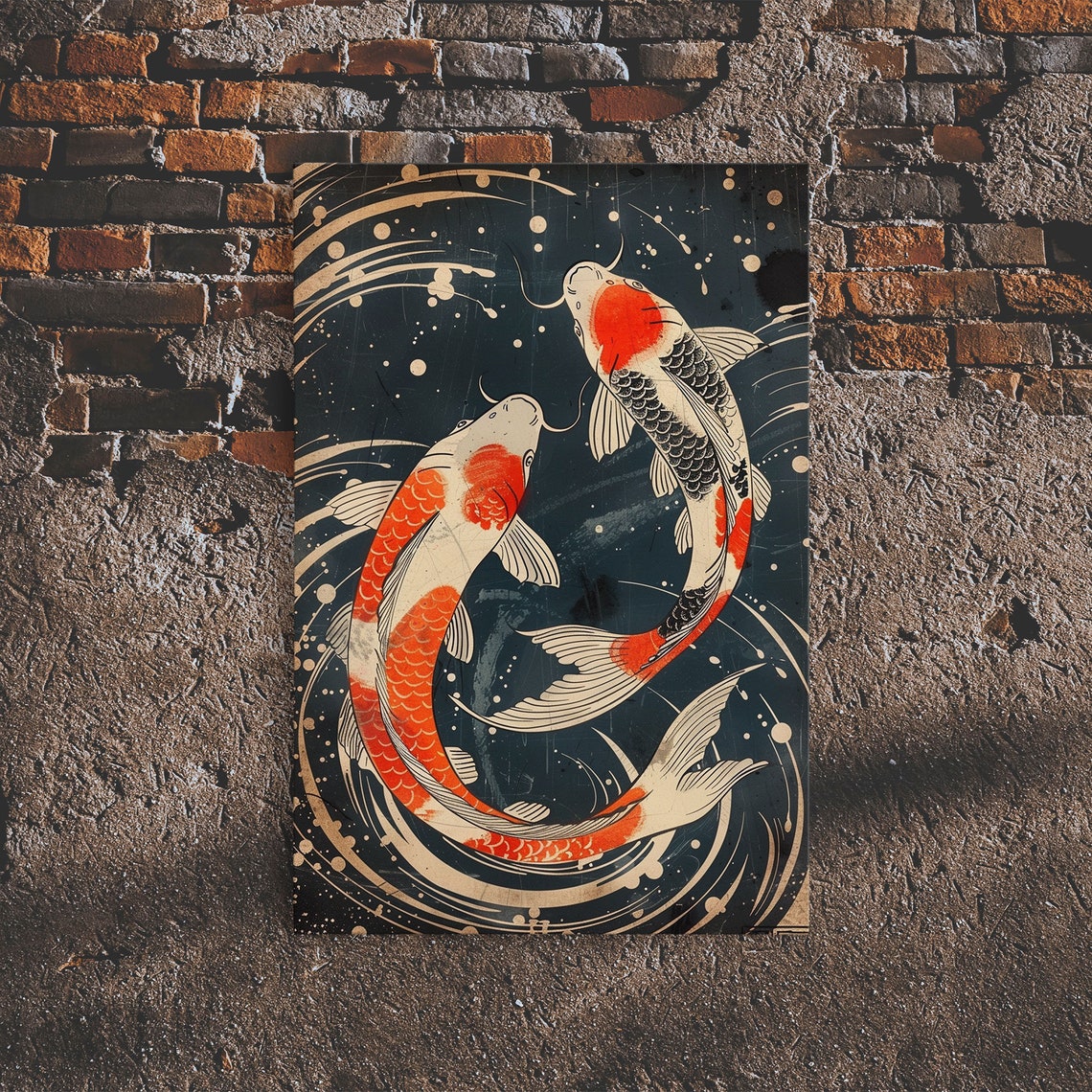 Japanese Koi Fish Ukiyo E Woodblock Style Black Water Pond Poster