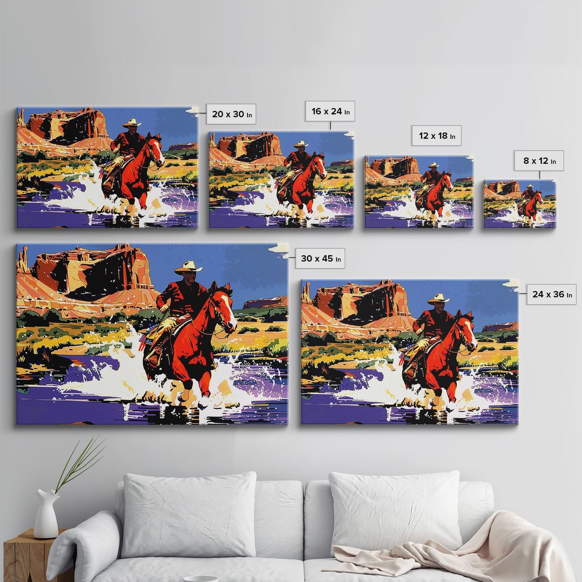 Cowboy Riding Red Horse Through River Canyon Pop Art Western Poster - Image 2