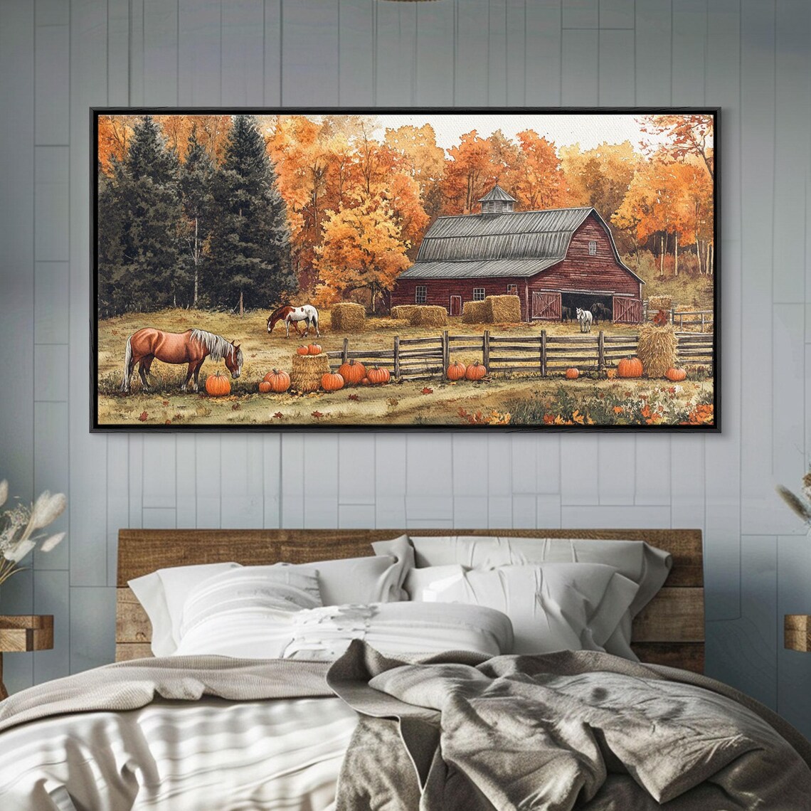 Autumn Barn Pumpkin Horses Rustic Fall Art Print - Image 5
