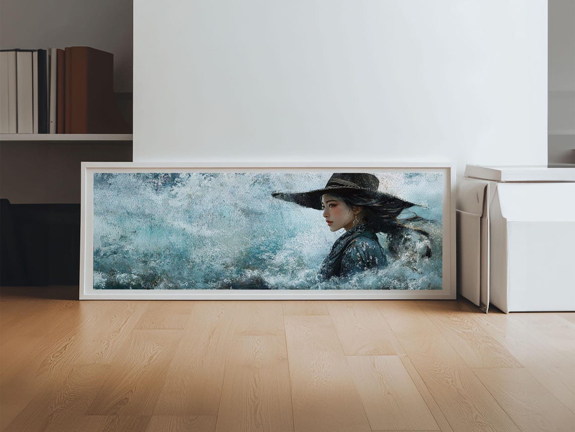 Ocean Woman Wide Brim Hat Waves Painting Coastal Blue Wall Poster - Image 3