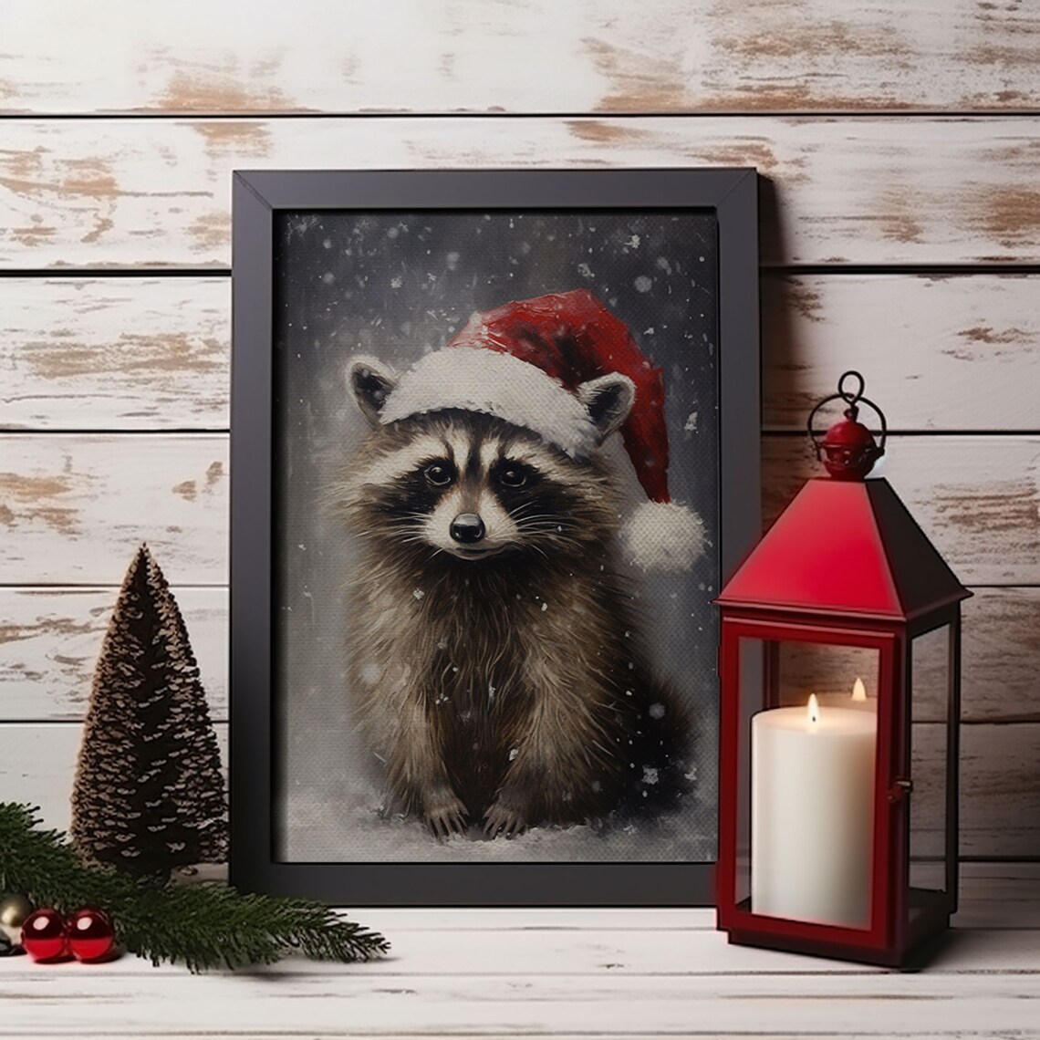 Christmas Raccoon in Santa Hat, Vintage Farmhouse Art Print - Image 5