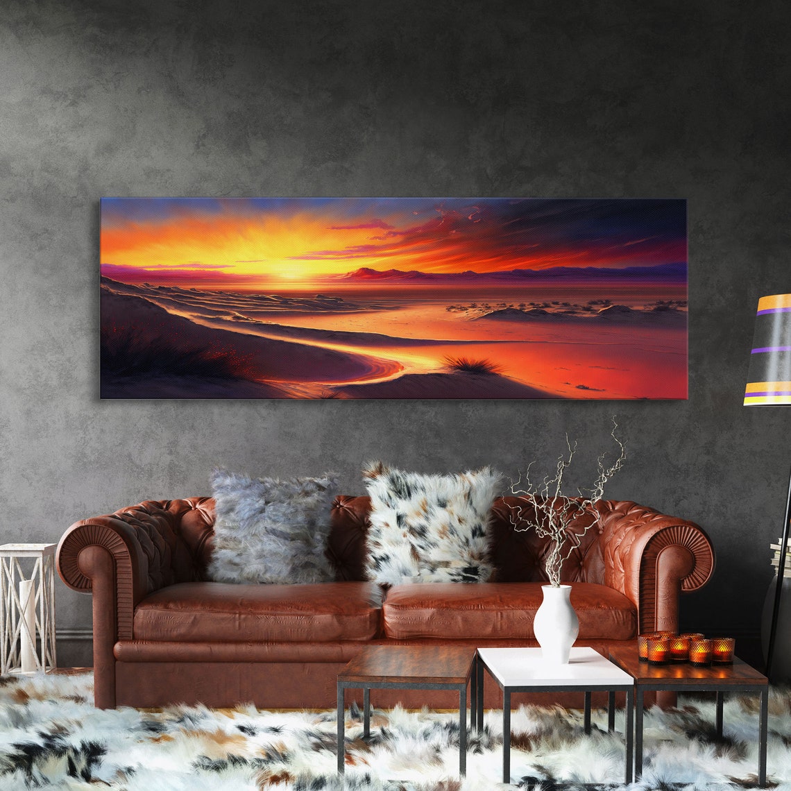 Panoramic Desert Sunset Glowing Dunes Fiery Sky Landscape Wall Poster - Image 3