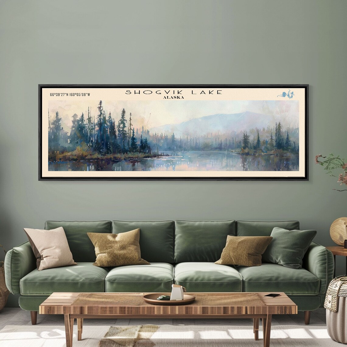 Shogvik Lake Alaska Watercolor Pines Misty Mountain View Travel Poster