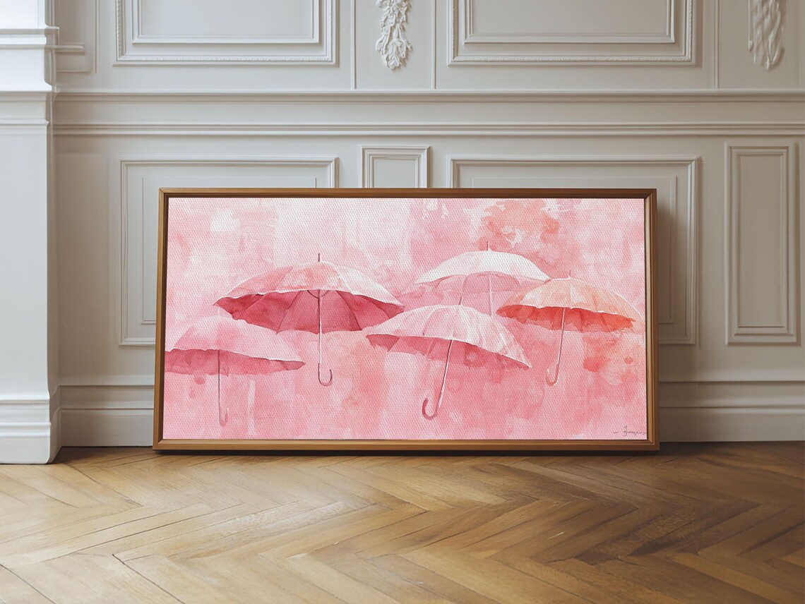 Pink Umbrellas Wide Horizontal Watercolor Rainy Day Whimsical Decor Poster - Image 2